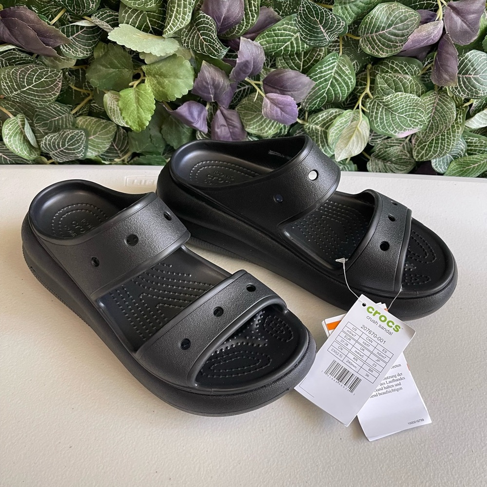 CROCS Classic Crush Sandals Slide Platform Black 2 Strap Unisex M5/W7